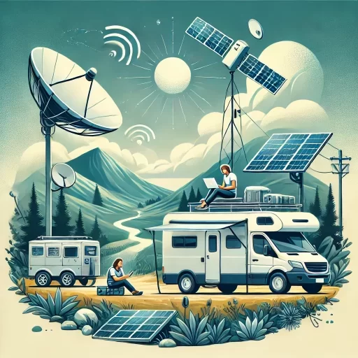 Off-grid nomad setting up portable solar panels beside a camper van in a scenic outdoor setting