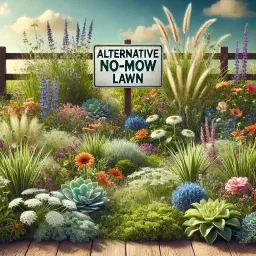 An alternative no-mow lawn with a variety of colorful wildflowers and native plants, set under a clear blue sky with sunlight.