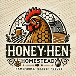 Honey Hen Homestead logo featuring a friendly hen with honeycomb pattern feathers, earthy colors, and a rustic design with a farmhouse and honey jar in the background.